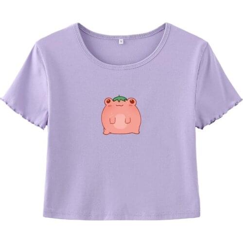 Strawberry frog Crop tshirt Harajuku kawaii style frog Rib Summer Slim crop top Ruffled sleeves women aesthetic art vintage tee