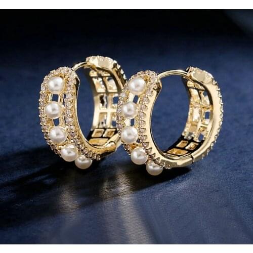 Hotsale fashion costume jewelry cubic zircon elegant pearl hollow hoop earrings for women