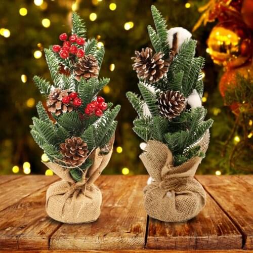 15inches Mini Christmas Tree PE Red Fruit Pine Cone Linen Bottom Desktop Potted Pinecone Christmas Tree Home Table Decoration
