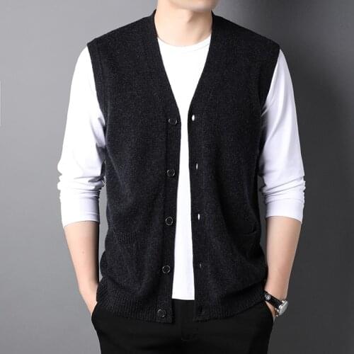 Autumn and winter 100% pure wool sweater mens V-neck knitted sweater vest vest vest cardigan coat