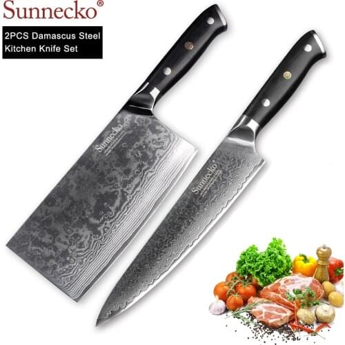 SUNNECKO 2PCS Kitchen Knives Set 7"Cleaver 8"Chef Knife Japanese Damascus VG10 Steel Razor Sharp Blade Cutter Tools G10 Handle