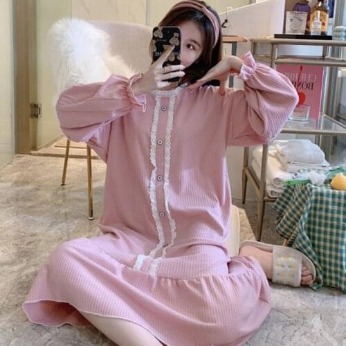 2021 Spring and Autumn New Nightdress Womens Combed Cotton Korean Sweet Lovely Princess Style Long Sleeve Home Clothes