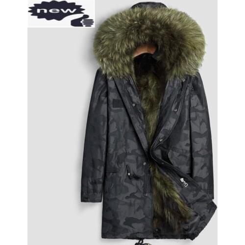 Winter New Mens Real Raccoon Parka Mid Long Coat Fur Collar Hoodie Hip Hop Loose Camo Overcoat Windproof Snow Jacket