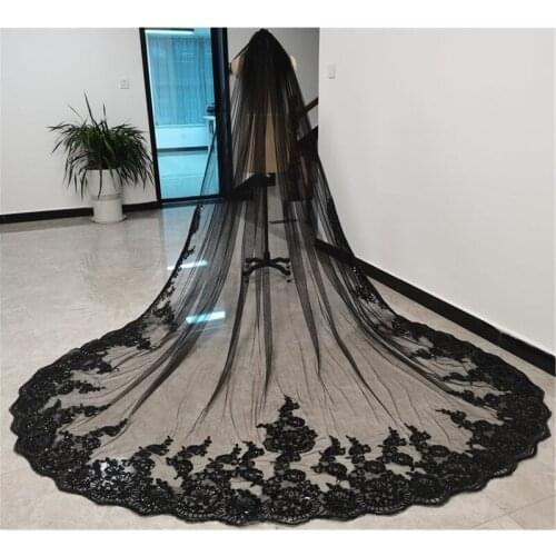 One Layer Black Bridal Wedding Veils Vintage Cathedral Long With Matal Comb Accessories Tulle Veils for Brides Velos de Novia 3m