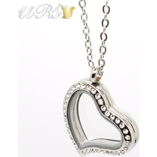 30mm Curvy Heart Magnetic Closure Czech Crystals 316L Stainless Steel Black Floating Glass Locket Pendant with Necklace