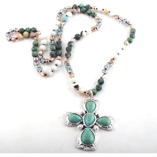 RH Fashion Bohemian Tribal Jewelry Multi Stone Glass Long Knotted Blue Stone Metal Cross Pendant Necklaces For Women Necklace