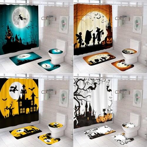 Halloween Horror Castle Fabric Shower Curtain Non-slip Bath Mat Base Carpet Cover Toilet Seat Pumpkin Witch Bathroom Curtains