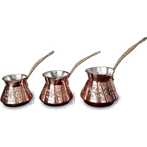 Turkish Copper Coffee Pot Triple Set, Engraved Pattern With Brass Handle , Traditional Handmade Copper Cezve