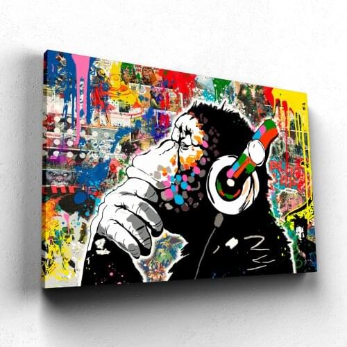 Street Graffiti Thinking Monkey With Earphones Gorilla Chimp DJ Art Posters and Prints Wall Art Animal Picture for Room Decor