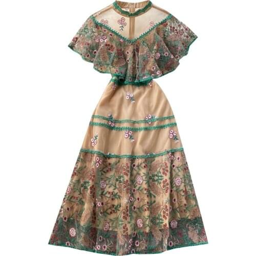 2021Spring and summer womens retro heavy industry embroidery ruffled ladies high-end dress skirt slim long dress