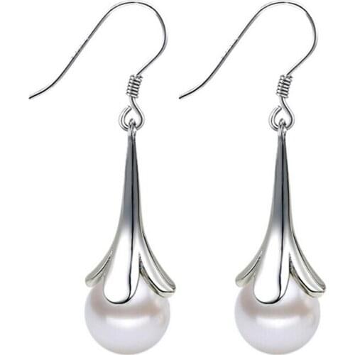 Hot Sale Promotion 2016 New Fashion Pearl Flower 925 Sterling Silver Drop Earrings for Women Girls Jewelry Christmas Gift