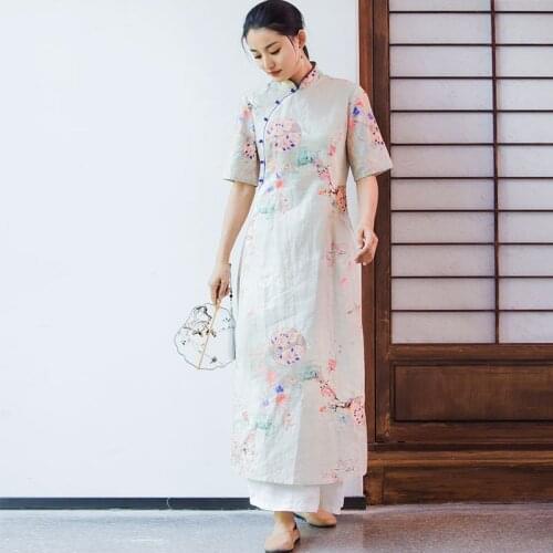 Johnature Women Stand Cotton Vintage Dress Casual 2021 Summer New Print Floral Half Sleeve Button Chinese Style Cheongsam
