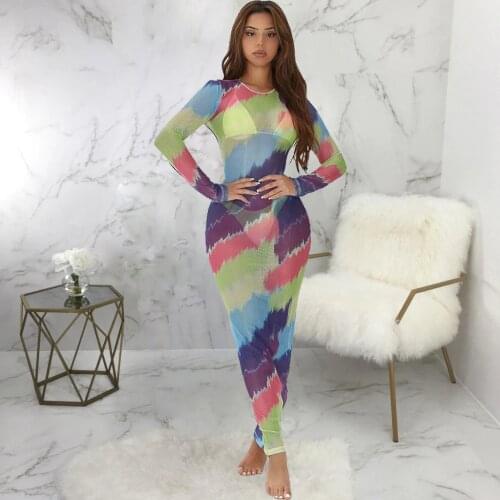 Sheer Mesh Gradient Tie Dye Print Women Dress Sexy Long Sleeve See Through Skinny Dresses Autumn Elastic Hight Holiday Vestido