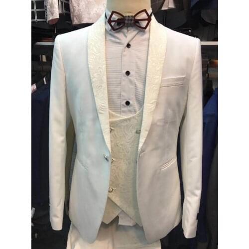 2018 NEW Brand black Shawl Lapel Slim Fit Men Suits for Wedding Groom Tuxedos ivory Men Suits with Pants 3 piece