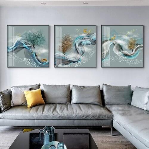 Golden Deer Bird tree blue fish Abstract Canvas Painting Nordic Posters and Prints Wall Art Pictures for Living Room Home Decor