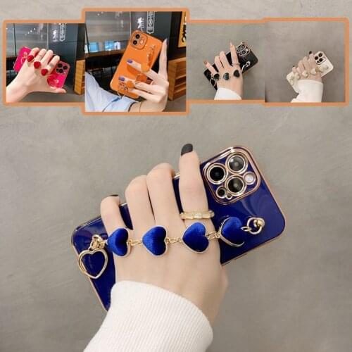 Fabric heart Chain Wrist Bracelet Phone Case for iPhone 12 Pro MAX Mini 11 Pro MAX X XS XR 7 8 Plus se 2020 Glossy Plating Cover