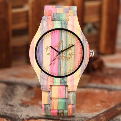 Couples Wooden Watch Gift Bamboo Printing Round Dial Colorful Wooden Face Wood Watch Strap Bangle Gift For Couple