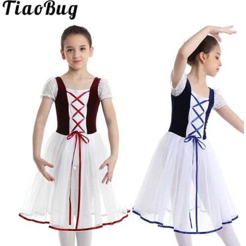 TiaoBug Kids Girls Lace Bubble Sleeves Ballroom Stage Lyrical Dance Costumes Children Gymnastics Ballet Leotard Tutu Dance Dress