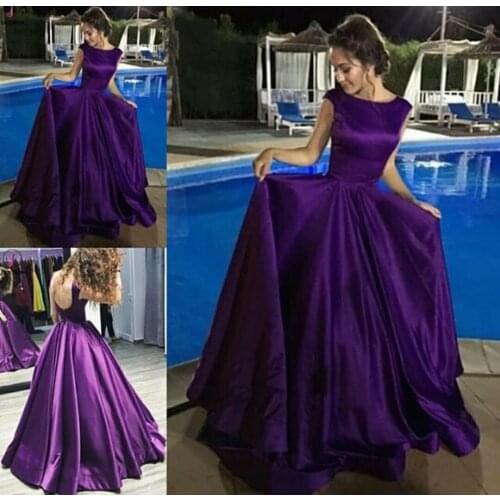 Elegant O-Neck Long Purple Prom Dresses with Pockets A-Line Zipper Back Satin Abendkleider Robes de Soirée for Women