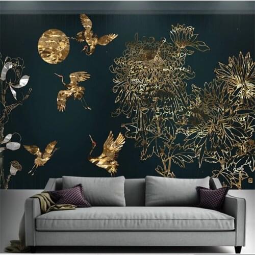 Wellyu Customized large-scale mural modern light luxury relief golden line flower fairy crane country tide background wall