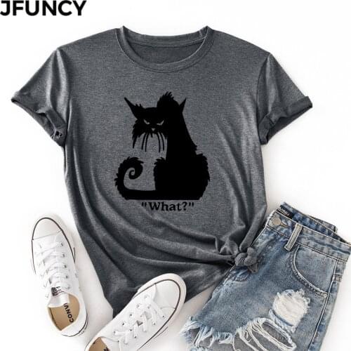 JFUNCY Cotton Tees Funny Cartoon Cat Print Women T-shirt Harajuku Plus Size Short Sleeve Tshirt Oversize Tops Female Shirt