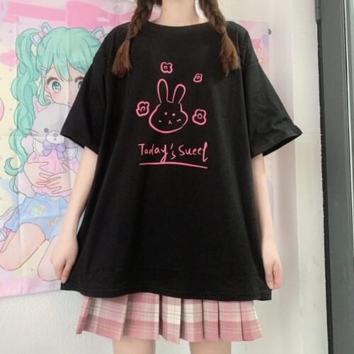 Kawaii E-girl Y2K rabbit Graphic Ruffles Hem Hot Pink T-shirts Punk 90s Streetwear top Short Sleeve Hot Pink T-shirt Harajuku