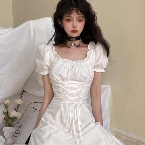 Korean Harajuku Summer New Ghost Horse Dresses Vintage Square Collar Bandage Bow Puff Sleeve Sweety Ruffle Preppy Style Dresses