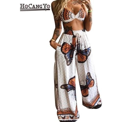 Summer Women 2 Pieces Suits Boho Outfits Beach Style Butterfly Print Sets Women Matching Sets Loose Bohemian Wide Leg Pant Sets