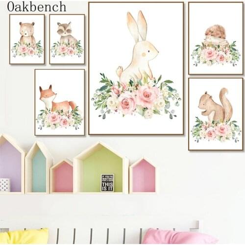 Flower Bush Animals Wall Art Print Bunny Bear Deer Fox Posters Nursery Canvas Painting Nordic Wall Pictures Baby Kids Room Decor