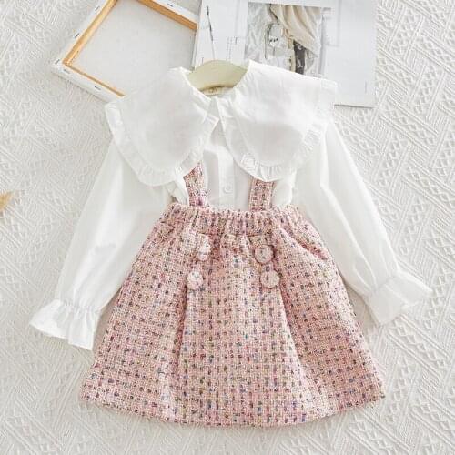 Girls New Suit 2020 Autumn ChildrenS Clothing Doll Collar Top With Straps Buttons Colorful Dot Skirt Suit Kids Clothes Sets