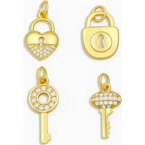 OCESRIO DIY Copper CZ Small Key Lock Earrings Charms for Jewelry Making Gold Pendant Charms Wholesale Bulk pdta185