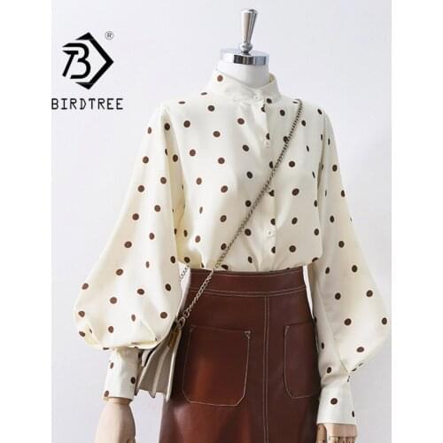 Autumn New Women Vintage Big Lantern Sleeve Dot Print Chiffon Blouse Stand Collar Button Up Elegant Shirts Fall Spring Tops