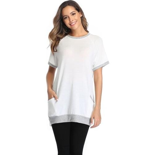 Casual Womens Tops And Blouses 2020 Spring Half Sleeve Solid Patchwork Female Tunic Plain Pocket O Neck White Shirts Blusas
