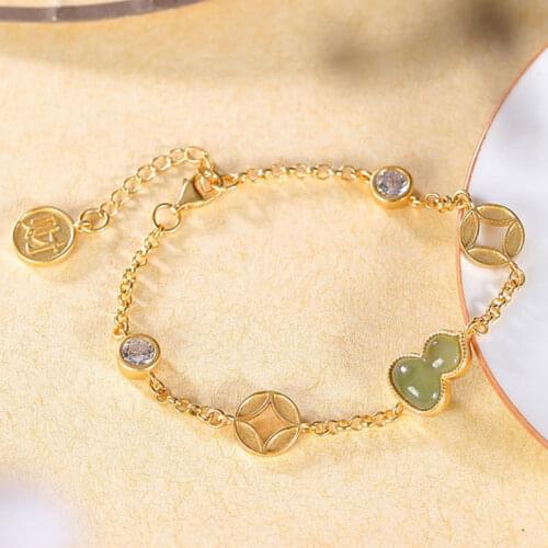 925 silver inlaid natural Hetian jade Yuanbao gourd Bracelet Chinese style retro ethnic style light luxury charm womens jewelry