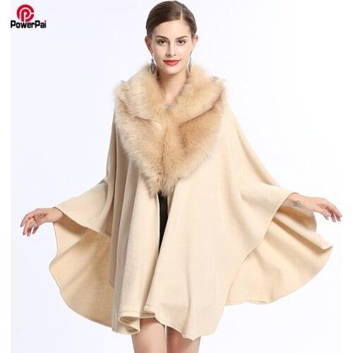 Fashion Solid Knitted Shawl Wide Faux Fox Fur Turn-down Collar Cape Coat Women Loose Grande Cloak Capa Fall Winter Wraps