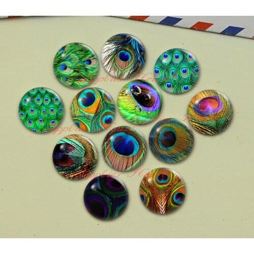 Handmade Round Peacock feathers photo glass Cabochons, Jewelry Finding Cameo Pendant Settings, (F056-613)