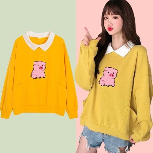 Kawaii Big Print Sweatshirt Pullover Cotton Harajuku Oversized Turn-down Collar Hoodie Long Sleeve Pocket Tops Green Swearshirt