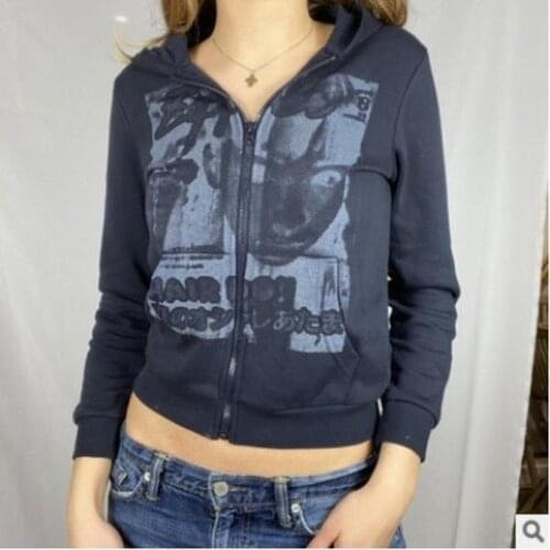 Zipper Y2K Womens Hoodie 2021 European and American Head Print Cardigan Street Fashion Gray Blue Green Short Long Sleeve Jacket