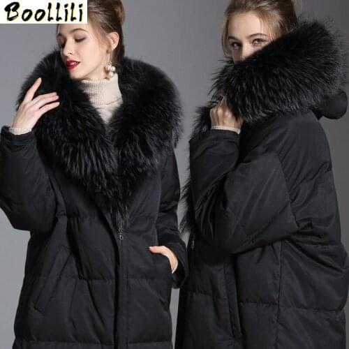 Boollili Womens Down Jacket Hooded Winter Coat Puffer 90% White Duck Down Jackets Korean Thick Coats Raccoon Fur Collar