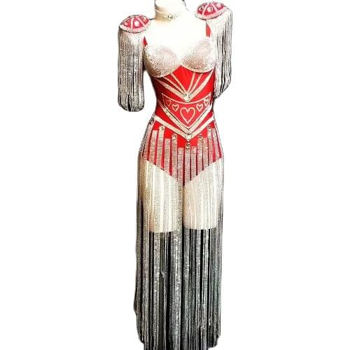 Shining Silver Tassel Chain Women Bodysuits Red Luxury Leotard Jumpsuits Rave Festival Costumes Nightclub Singer Dance Wear