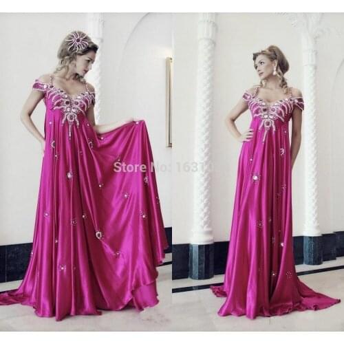Gorgeous fuchsia celebrity Dubai Arabic evening Dresses spaghetti Straps Prom Dress Beaded Crystal vestidos de festa