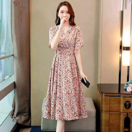 2021 New Summer Women Fashion Chiffon V-Neck Dresses Lady Floral Print Dress Elegant Loose Plus Size Mid-Calf Vestidos B78