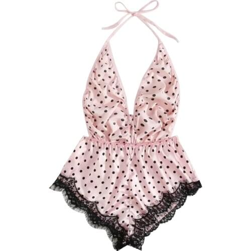 2021 Sexy Backless Polka Dot Pink Halter Bodysuits Women Sweet Cute Lace Up Lace Patchwork Babydoll Lingerie Rompers Sleepwear