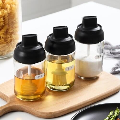 250ML Pepper Cruet Oil Bottle Spoon Cover Glass Kitchen Moistureproof Honey Seasoning Bottle Kitchen Condiment Jar Tank 3 Style