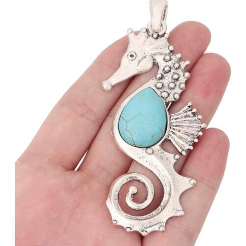 5 x Silver Color Large Hippocampus Seahorse Charms Pendants with Faux Turquoise Stone for Necklace Jewelry Making 101x36mm