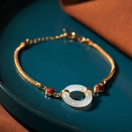 Natural open S925 sterling silver inlaid white Hetian jade safe buckle with gold-plated personality temperament ladies bracelet