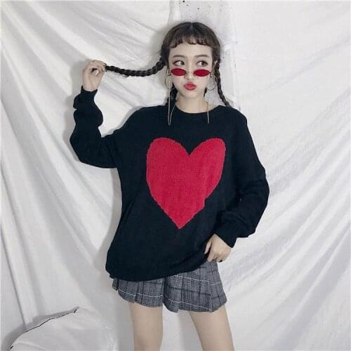 Korean Fashion Jumper Women 2021 Spring Lolita Cute Red Heart Pattern Long Sleeve Knitted Pullover Sweater Black White T577