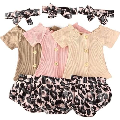3Colors Toddler Baby Girl Summer Clothes Sets 0-18M Single Breasted Knit Tops T-Shirt+Leopard Shorts Pants Headband Outfits