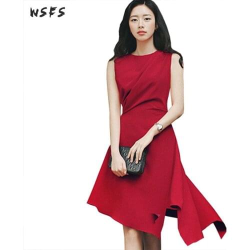 Summer Red Asymmetrical Dresses Oneck Sleeveless Womens Dress Female Vintage Slim Sexy Party Elegant Office Ladies Midi Dress