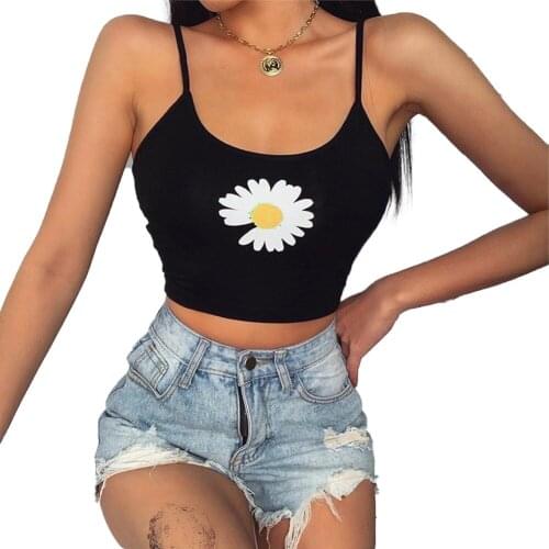 Women Sexy sleeveless Solid Color Daisy Print Exposed navel Tank Top Summer Fashion Streetwear for Ladies 2020 New Arrival